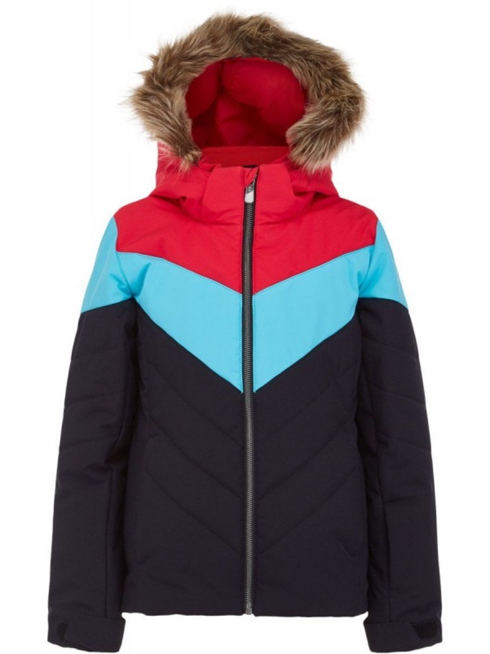 Spyder Girls Lola Ski Jacket Size 14 Black Red Turquoise Faux Fur